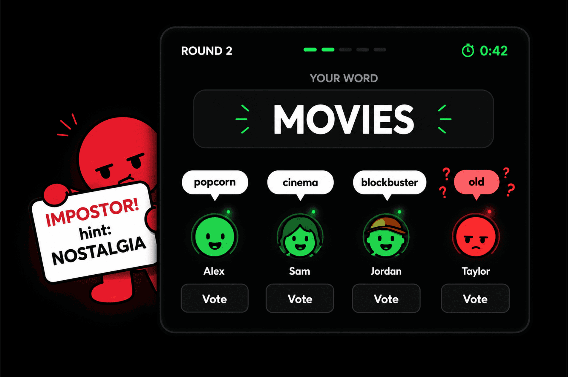 Impostor voting panel with clues, timer, and one hidden impostor