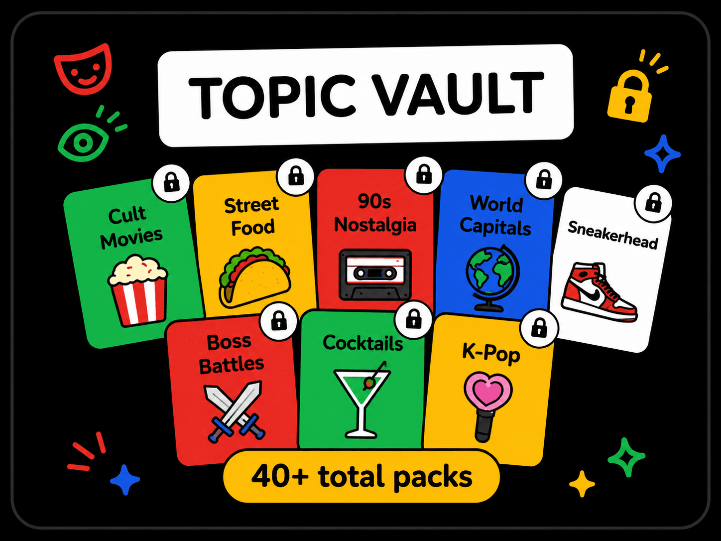 A spread of Imposter topic packs — Animals, Food, Movies, Places, Sports and more